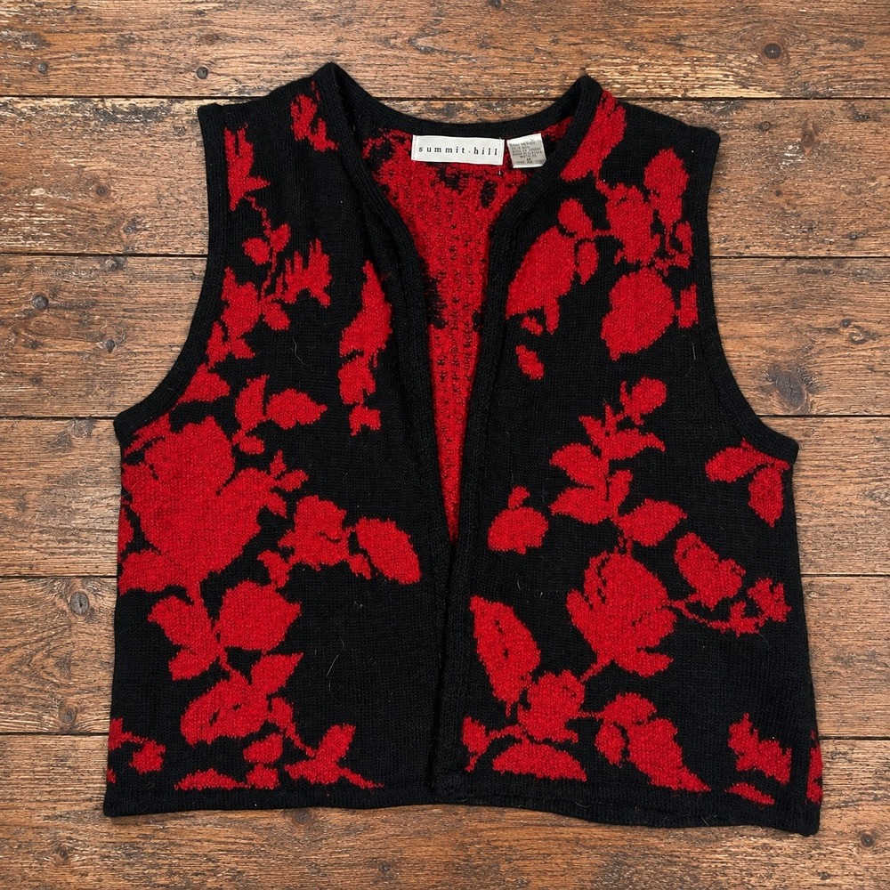 Black Red Rose Floral Knit Sweater Vest Wool Blend M Cottagecore Fall Layering
